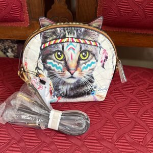 Brentano Boho Cat White & Brown Crossbody Bag with Adjustable Strap